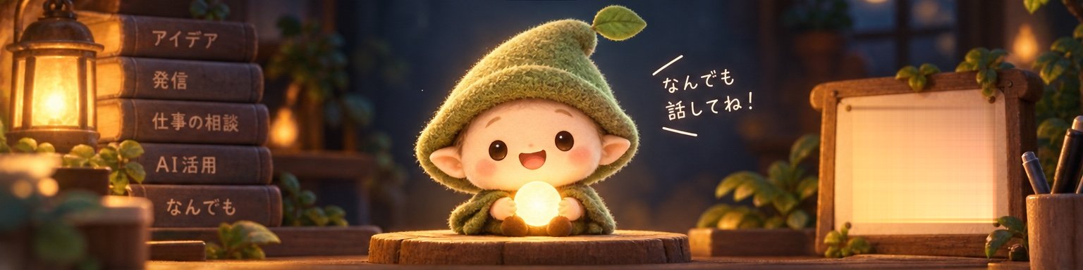 森の小さな書斎で、光る玉を抱えてほほえむ緑の帽子のこびと